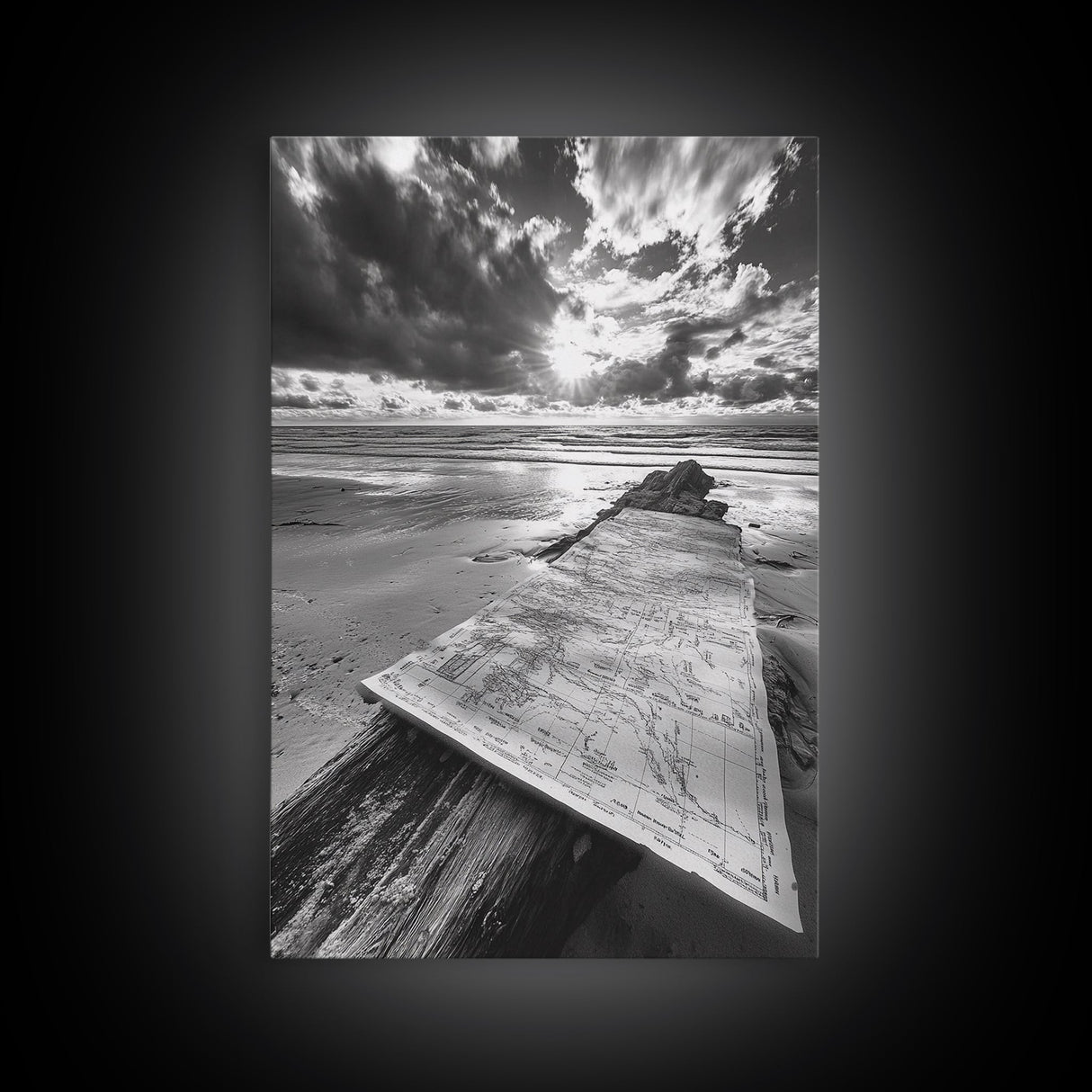Map On Beach, Travel Adventure Art, Wanderlust Decor, Coastal Office Style, Framed Canvas Print, Explorer Aesthetic, Black White Scene