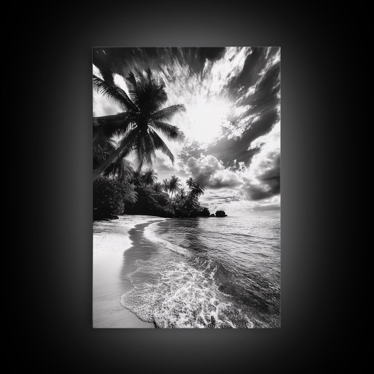 Tropical Sunset Beach, Palms and Waves, Cloudy Skies, Island Vibes, Framed Canvas Print, Coastal Wall Art, Beach House Decor