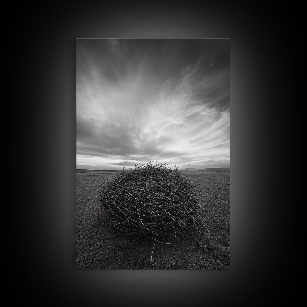 Twilight Field Nest, Tumbleweed Art, Desert Calm, Grassy Plains, Framed Canvas Print, Entryway Wall Art, Boho Nature Landscape