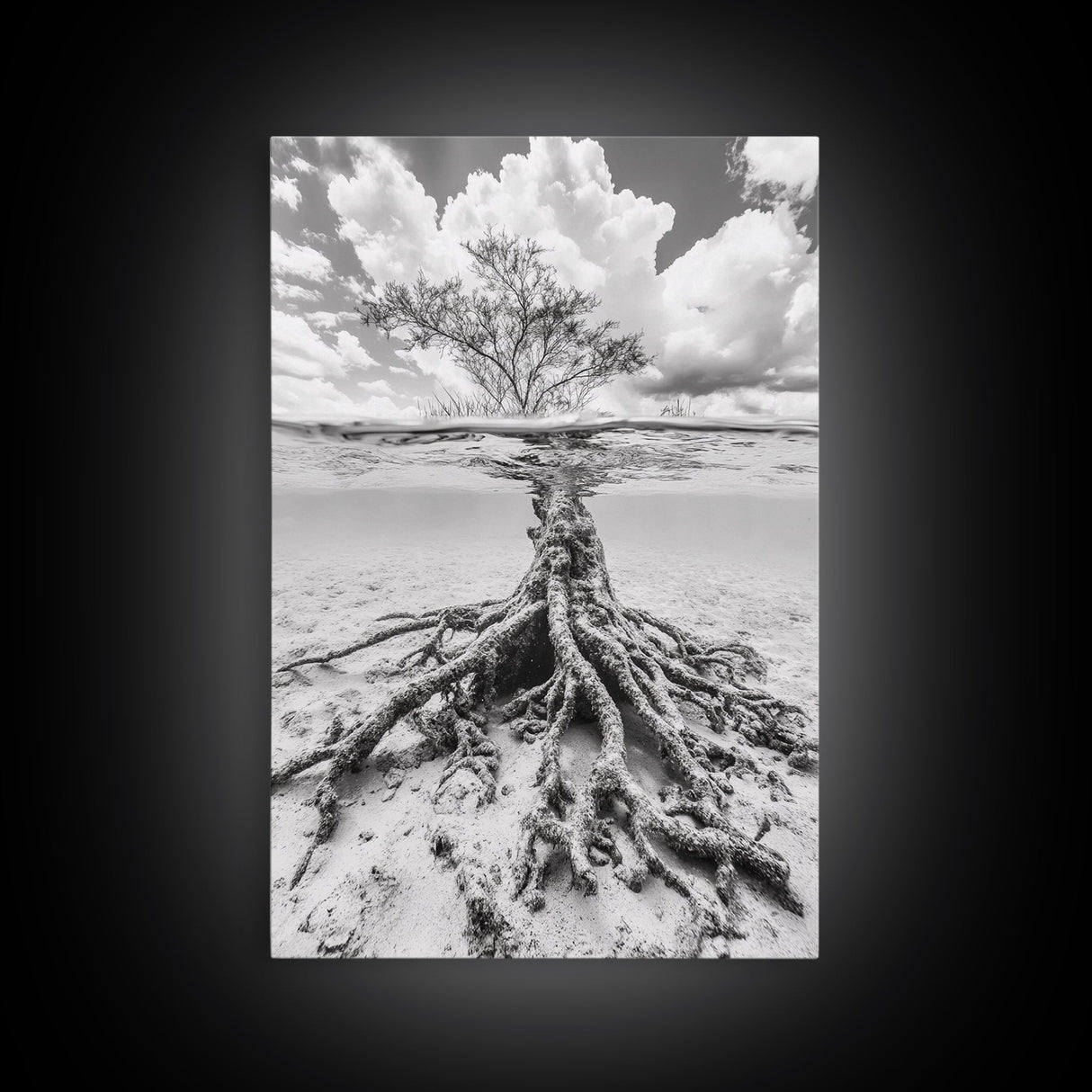 Half Underwater Tree, Split View Nature, Aquatic Roots, Stormy Skies, Framed Canvas Print, Coastal Wall Art, Unique Nature Photography