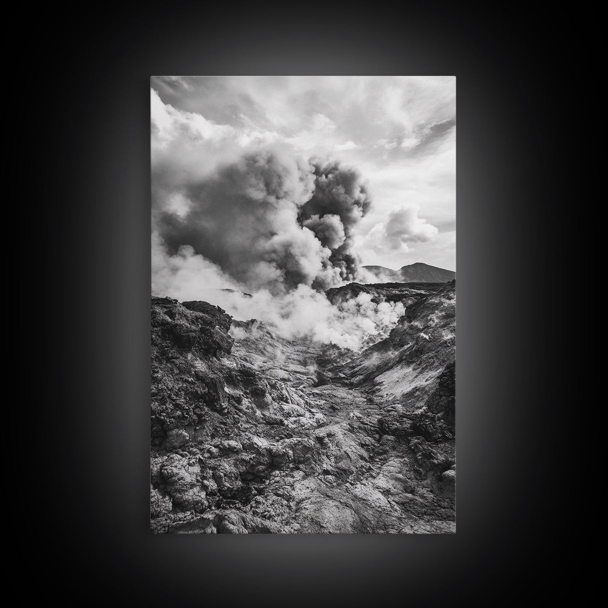 Volcanic Eruption Smoke, Lava Rocks, Earth Energy, Fiery Terrain, Framed Canvas Print, Office Wall Art, Dramatic Nature Landscape