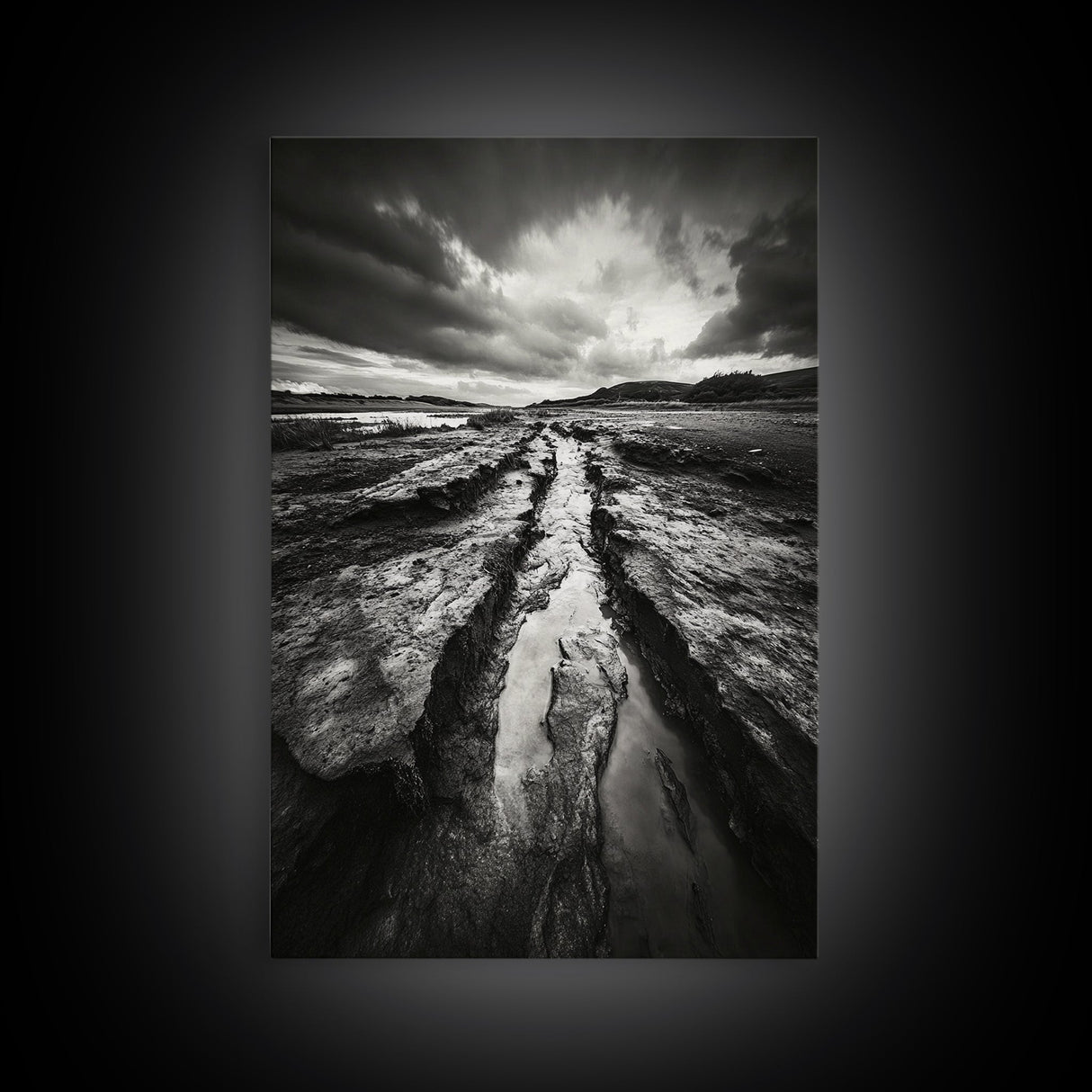 Muddy Terrain, Dramatic Sky, Natural Earth Art, Framed Canvas Print, Fall Decor, Landscape Photography, Moody Living Room Art