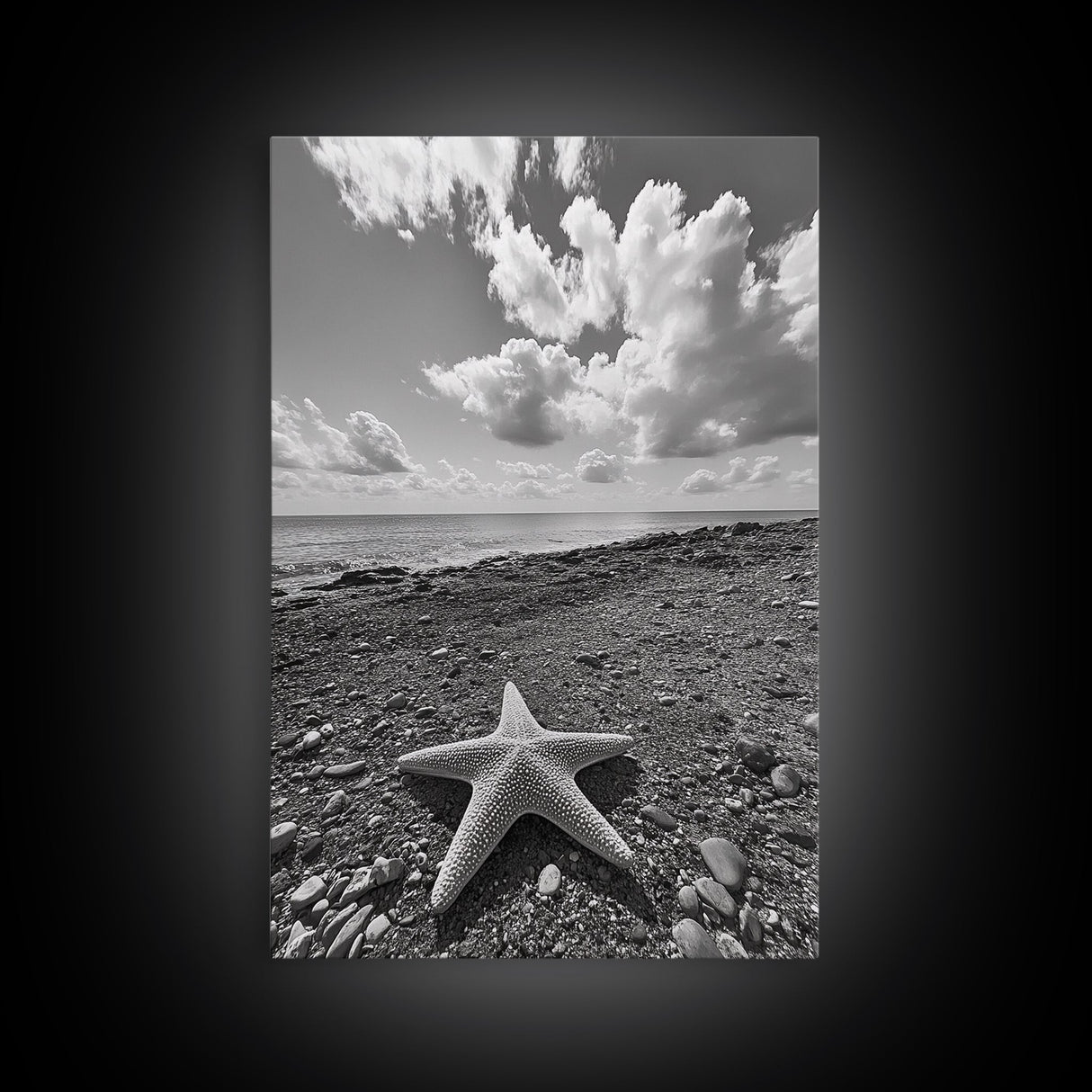 Starfish on Shore, Rocky Beach Scene, Cloudy Sky Horizon, Ocean Calm, Framed Canvas Print, Coastal Art, Bathroom Wall Decor
