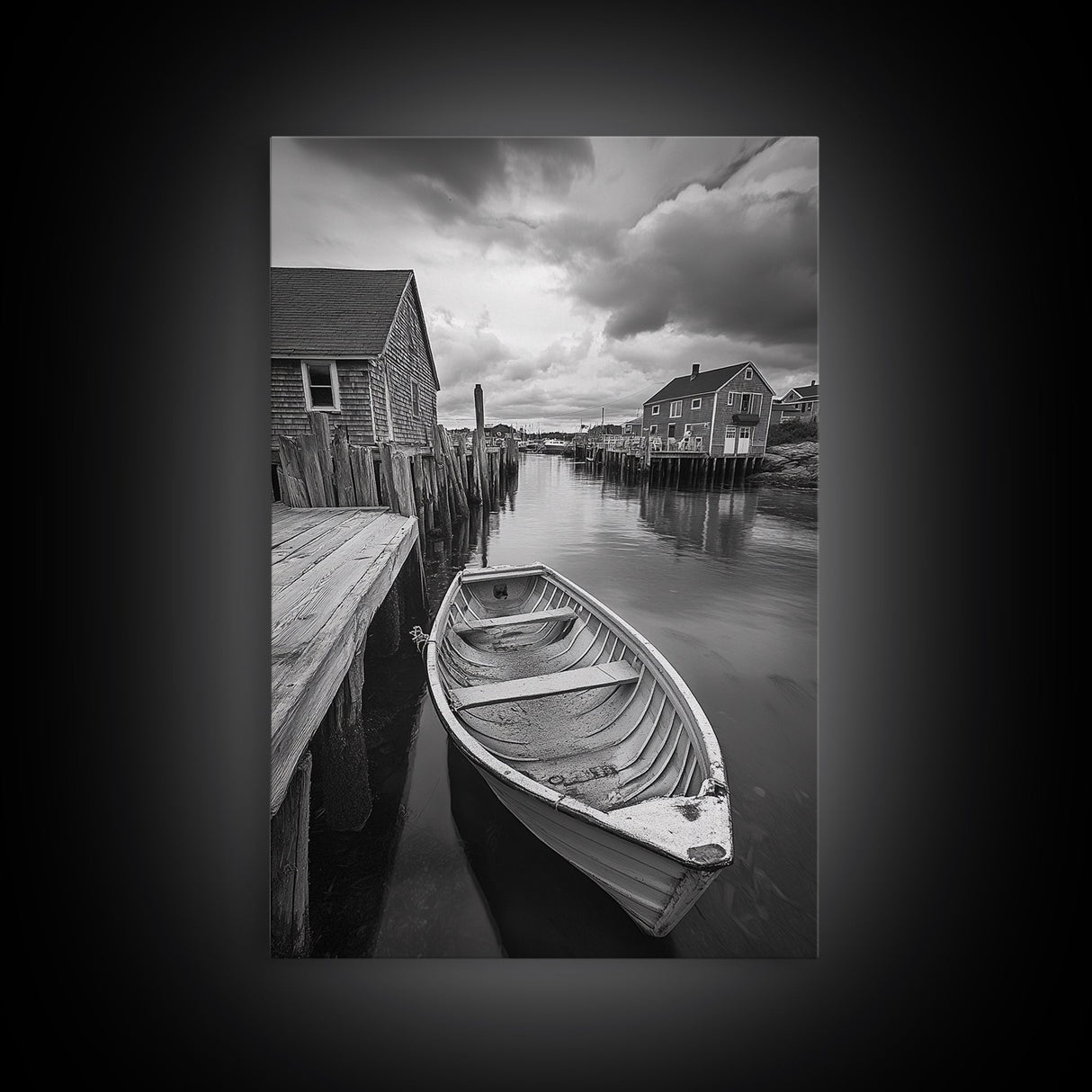 Docked Rowboat Scene, Calm Harbor, Coastal Village, Still Waters, Framed Canvas Print, Seaside Art, Beach House Wall Decor