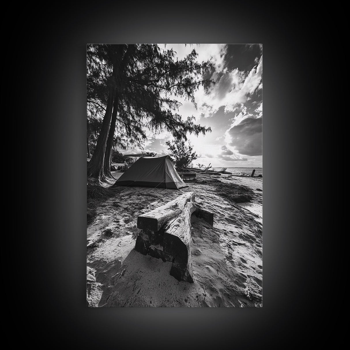 Tent, Beach, Sunset, Trees - Rustic camping coastal escape vibe, Framed Canvas Print, ideal bedroom or adventure nursery decor, outdoor art
