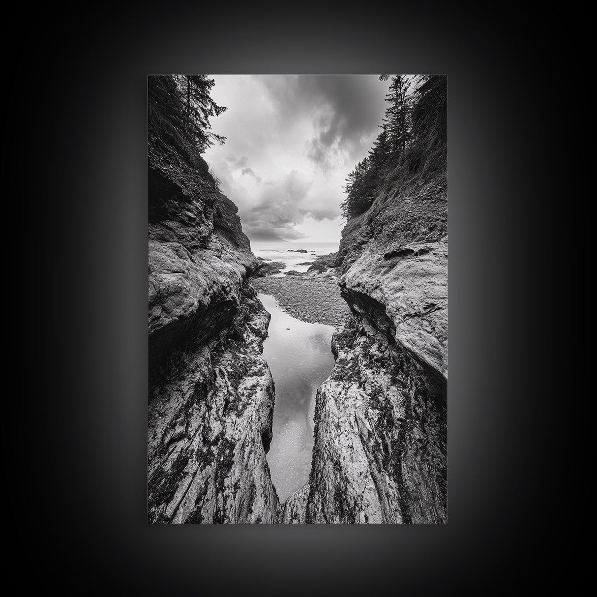Ocean Ravine, Rugged Coastline, Pacific Wilderness, Stormy Seascape, Framed Canvas Print, Adventure Wall Art, Nature Home Decor