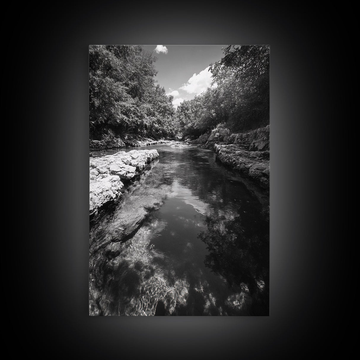 River Reflection, Nature Calm, Forest Stream, Canvas Print, Black and White Landscape Wall Art, Rustic Bathroom Decor, Tranquil Home Vibe