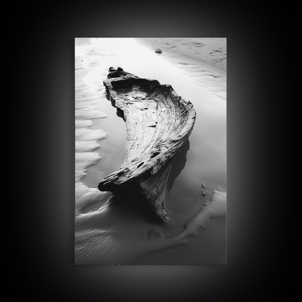 Driftwood Shore, Tidal Beauty, Washed Wood, Canvas Print, Coastal Beach Wall Art, Minimalist Bathroom Decor, Black and White Ocean Scene