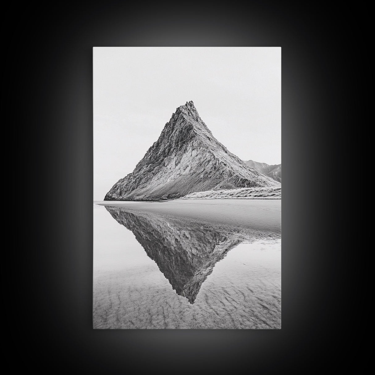 Mountain Mirror, Coastal Peak, Serene Beach, Canvas Print, Minimalist Landscape Art, Modern Living Room Wall Decor, Monochrome Nature Style