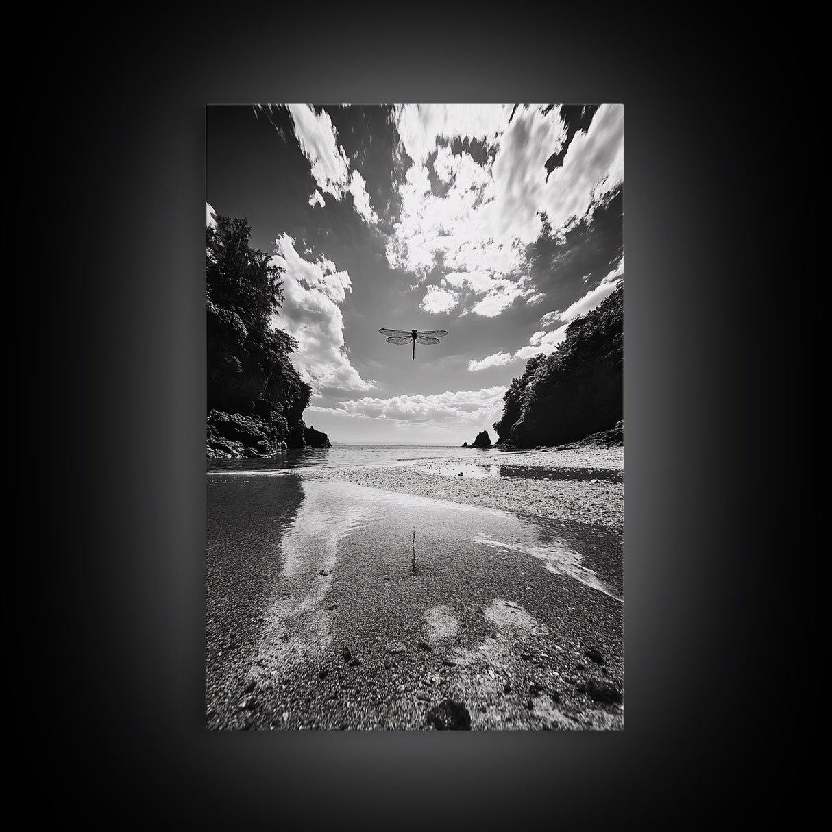 Dragonfly Flight, Beach View, Nature Dream, Framed Canvas Print, Whimsical Wall Art, Surreal Living Room Decor, Black and White Nature Style