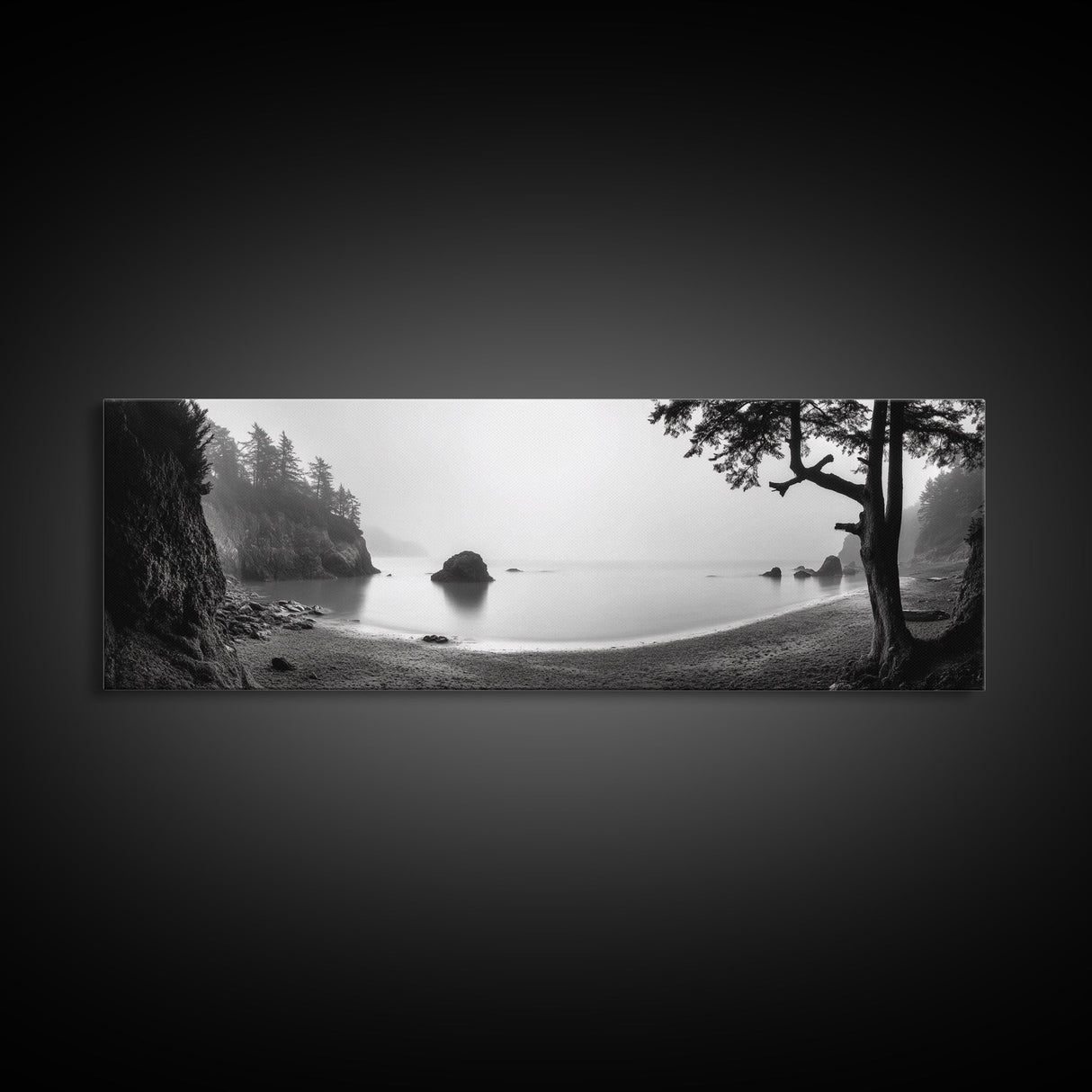 Misty Cove, Pacific Coast, Tranquil Shore, Canvas Print, Zen Nature Wall Art, Bathroom Decor, Moody Black and White Art