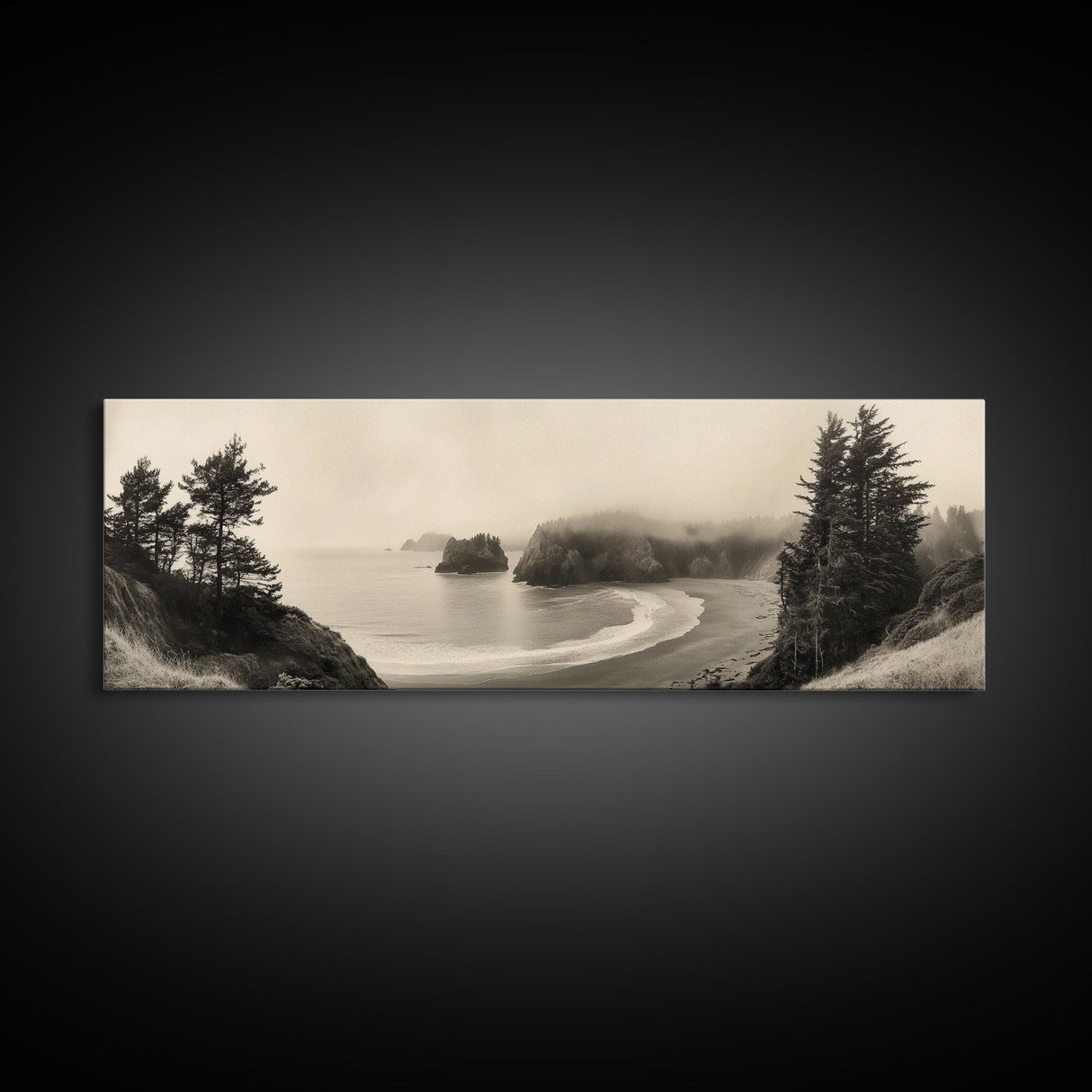 Misty Bay, Forested Coast, Moody Landscape, Serene Shoreline, Framed Canvas Print, Coastal Wall Art, Bedroom Decor, Earthy Tones