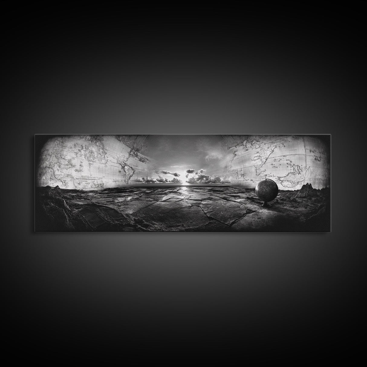 World Map, Globe Horizon, Explorer’s Dream, Canvas Print, Travel Wall Art, Surreal Photography, Study Room Adventure Decor