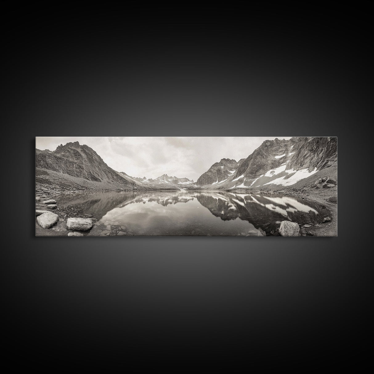 Alpine Reflection, Snowy Peaks, Tranquil Water, Framed Canvas Print, Nature Photography, Minimalist Wall Art, Bedroom or Office Decor
