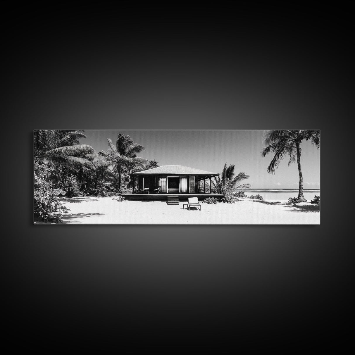 Beach House, Palm Retreat, Tropical Hideaway, Island Dream, Framed Canvas Print, Coastal Wall Art, Bedroom Decor, Tropical Vacation Aesthetic
