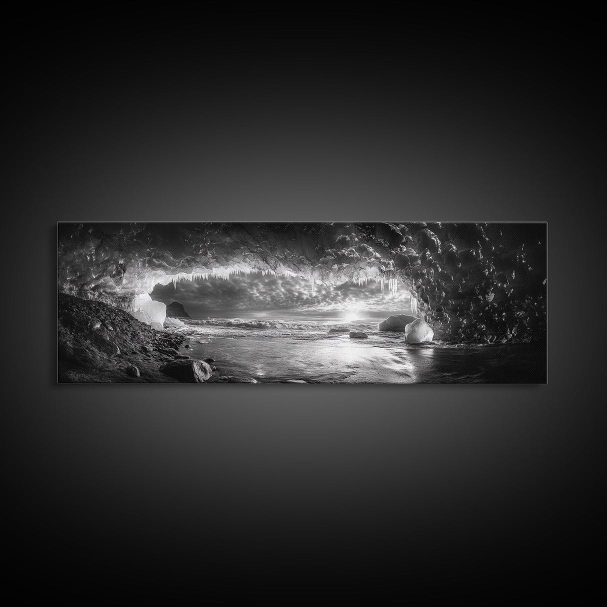 Ice Cave, Winter Seascape, Arctic Sunset, Canvas Print, dramatic frozen landscape art, black and white Christmas decor, cozy winter home art