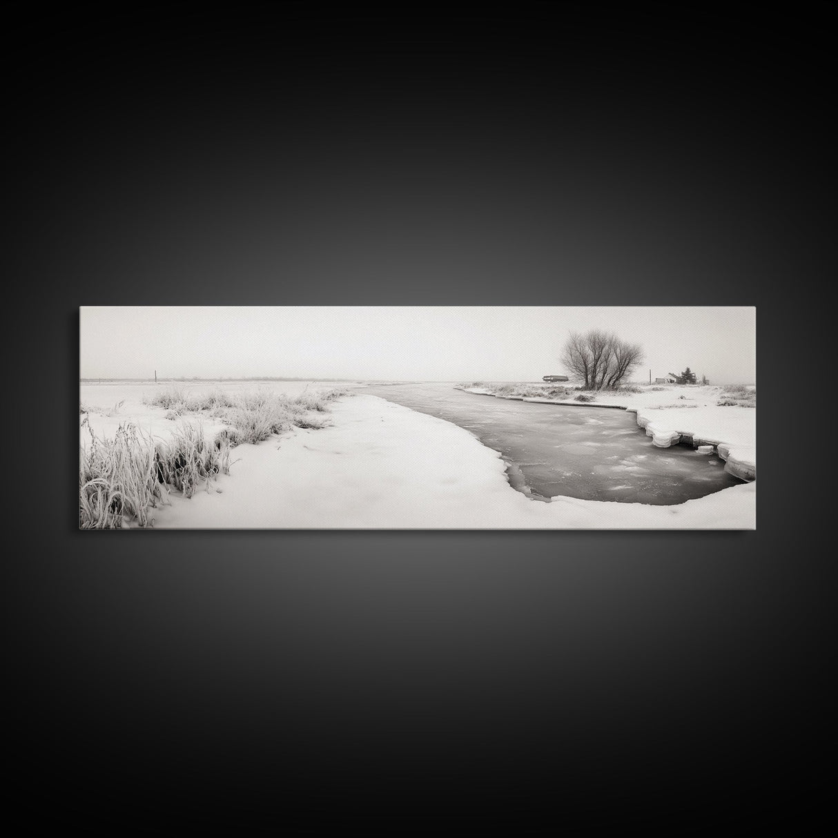 Winter River, Frosty Fields, Minimalist Landscape, Canvas Print, Modern neutral art, Rustic home decor, Entryway wall art, Scandinavian vibe