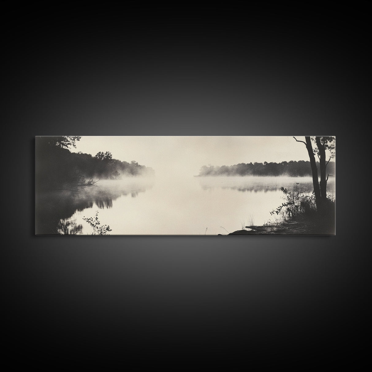 Misty River, Forest Reflection, Black and White Nature, Framed Canvas Print, Tranquil Decor, Bedroom Wall Art, Moody Minimalist Art