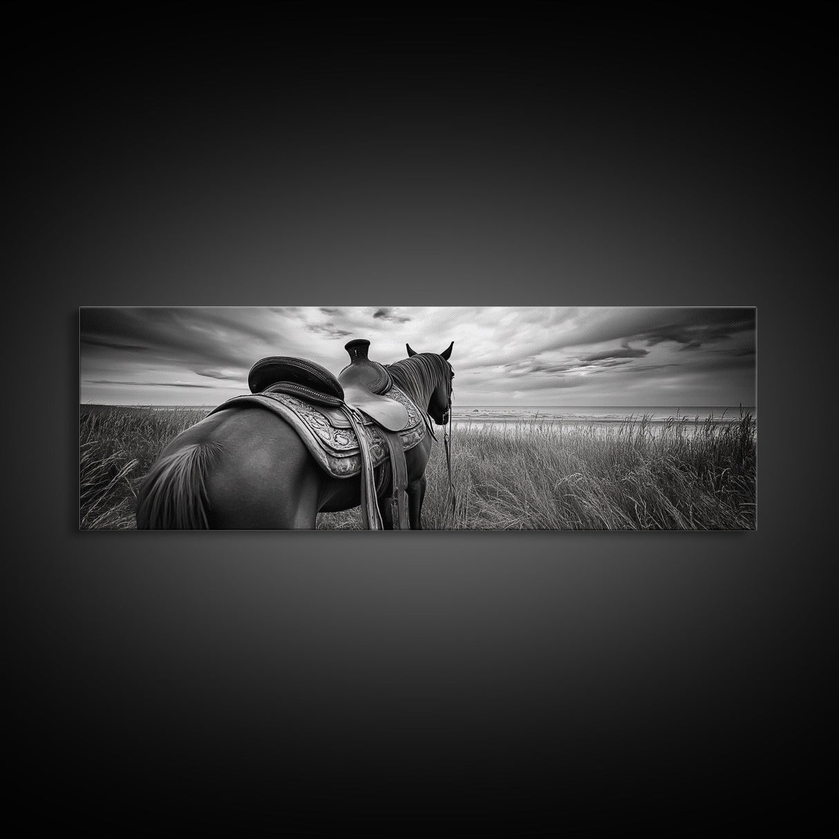 Western Horse Beach, Saddle Detail Horizon, Equestrian Art, Framed Canvas Print, Farmhouse Wall Art, Cowboy Country Decor