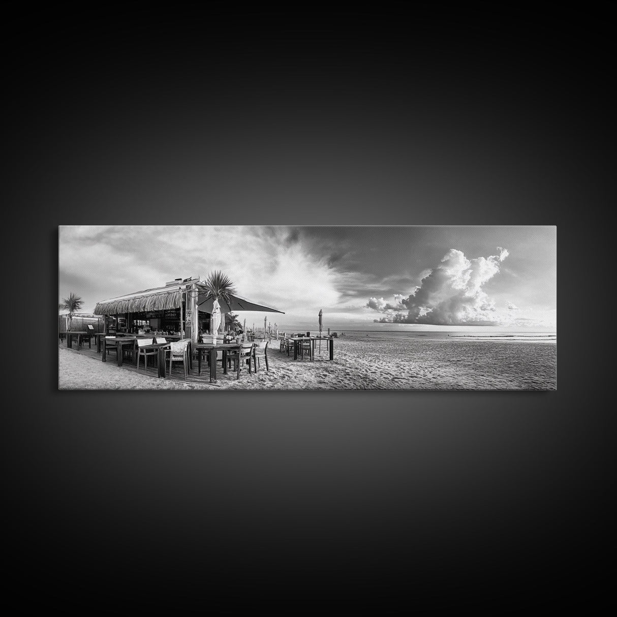 Seaside Bar, Beach Café, Oceanfront Dining, Cloudy Sky, Framed Canvas Print, Kitchen Wall Art, Black and White Tropical Art, Travel Decor