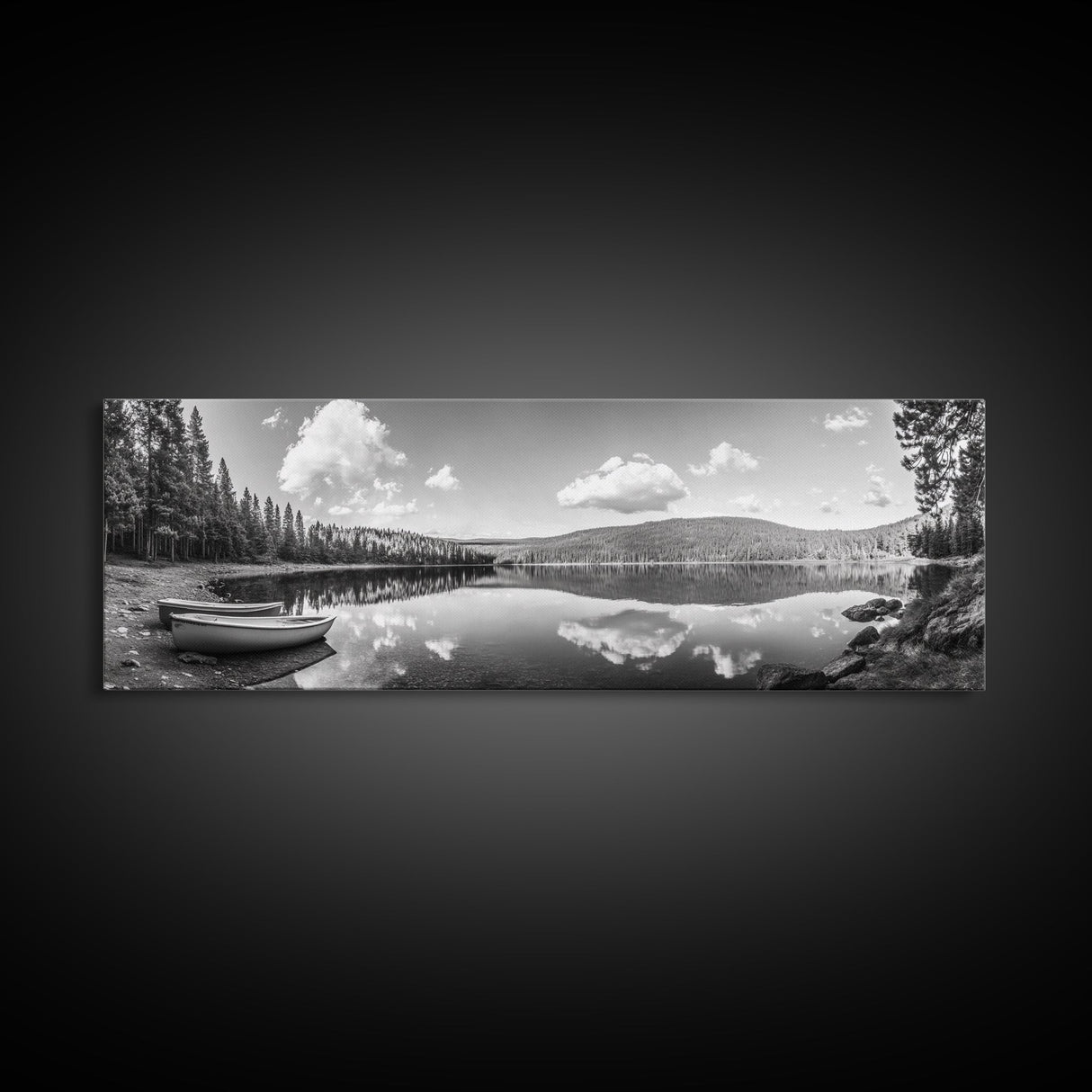 Canoe Lake, Still Water, Pine Forest, Outdoor Serenity, Canvas Print, Nature Wall Art, Rustic Cabin Decor, Peaceful Landscape, Neutral Tones
