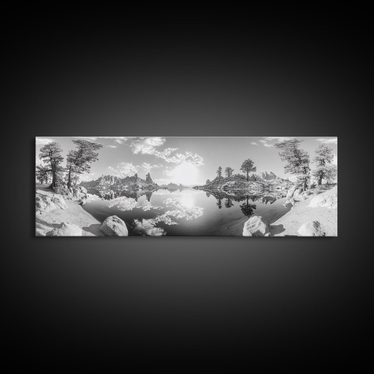 Mountain Reflections, Nature Panorama, Black and White Landscape, Framed Canvas Print, Living Room Wall Art, Modern Wilderness Decor