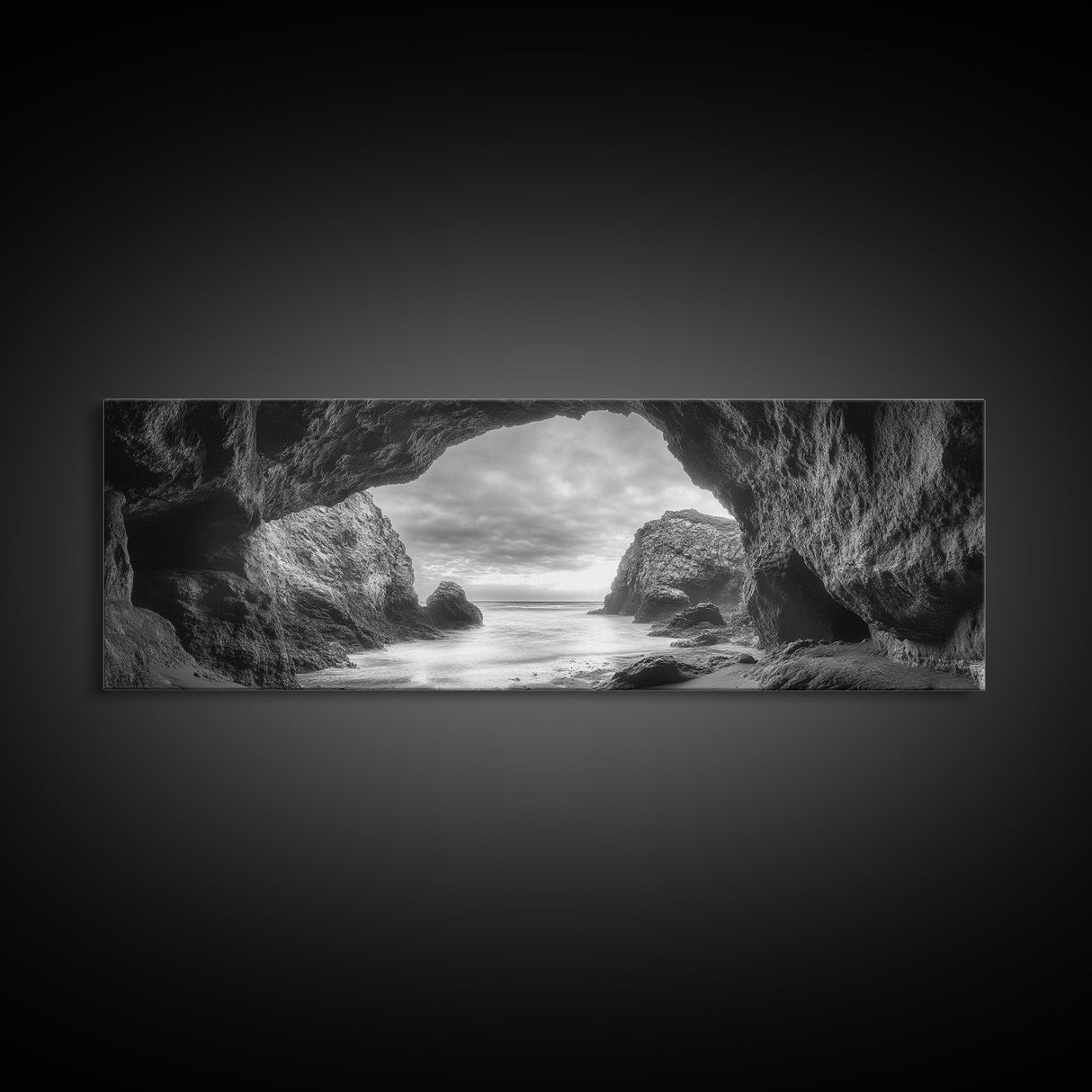 Sea Cave View, Coastal Rock Art, Monochrome Seascape, Framed Canvas Print, Bathroom Wall Art, Nature Photography, Moody Ocean Decor