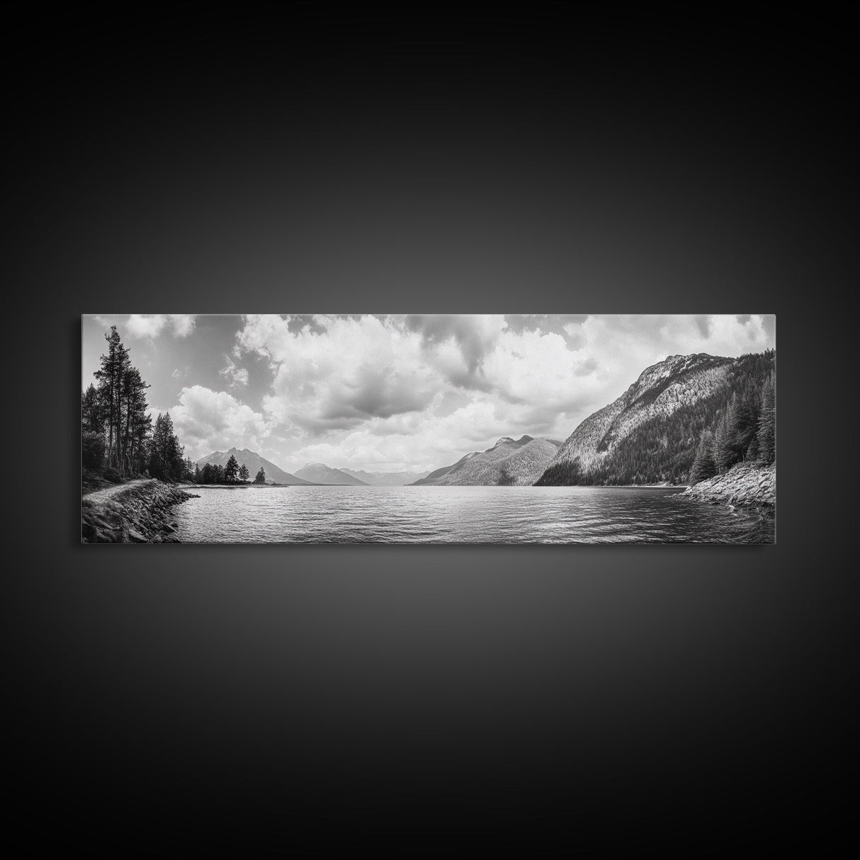 Mountain Lake, Forest Panorama, Serene Wilderness, Framed Canvas Print, Nature Lover Wall Art, Rustic Lodge Decor, Neutral Palette