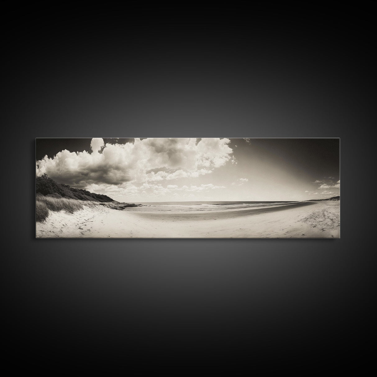 Cloudy Beach, Sandy Shoreline, Coastal Serenity, Framed Canvas Print, Neutral Tones Wall Art, Minimalist Bathroom or Hallway Decor