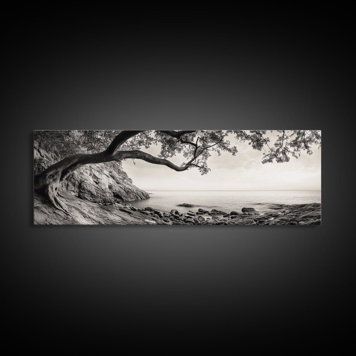 Tree By The Sea, Ocean Cliff, Black And White Nature, Framed Canvas Print, Coastal Wall Decor, Minimalist Art, Tranquil Bedroom Print