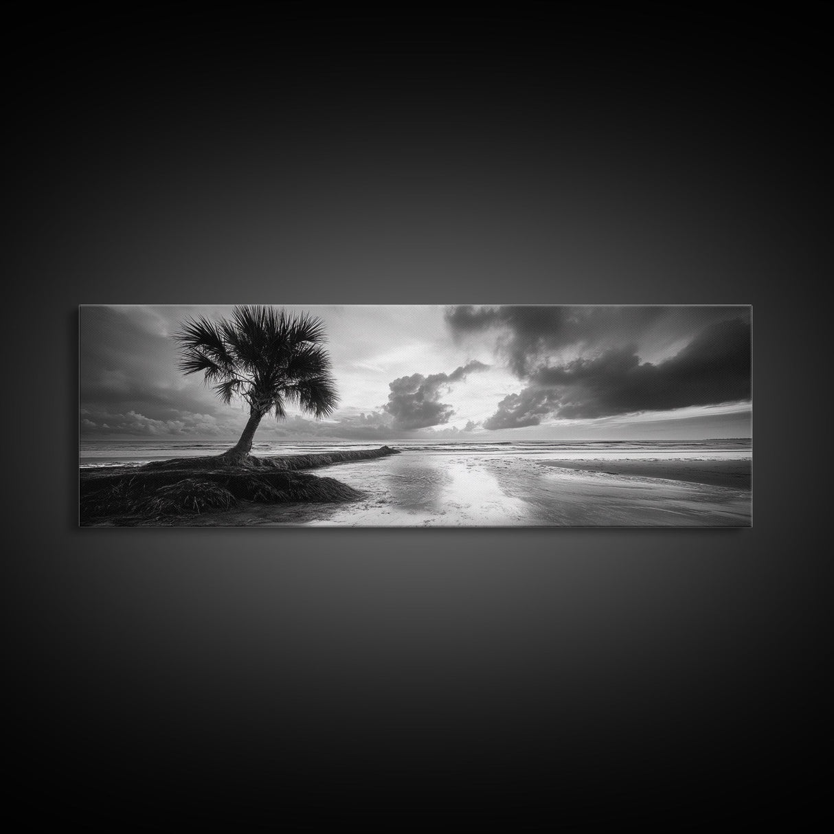 Solitary Palm Tree, Ocean Storm, Moody Landscape, Beach Wall Decor, Framed Canvas Print, Coastal Living Room Art, Monochrome Photography