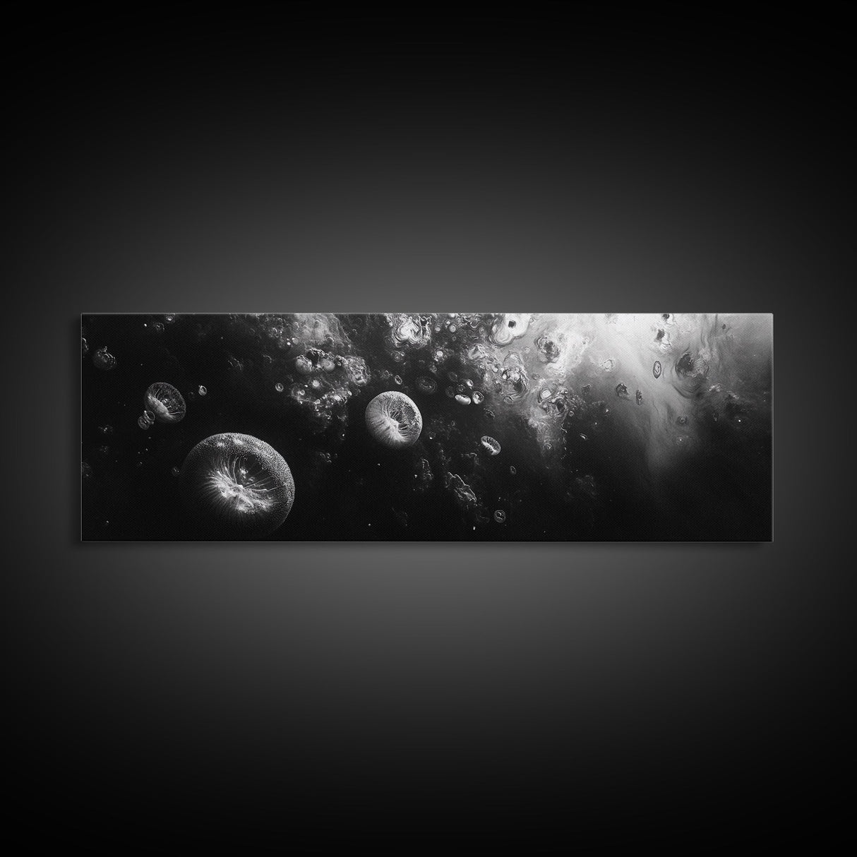 Jellyfish Dreams, Ocean Depths, Abstract Motion, Canvas Print, Coastal Bathroom Art, Nautical Theme, Moody Black and White Sea Life