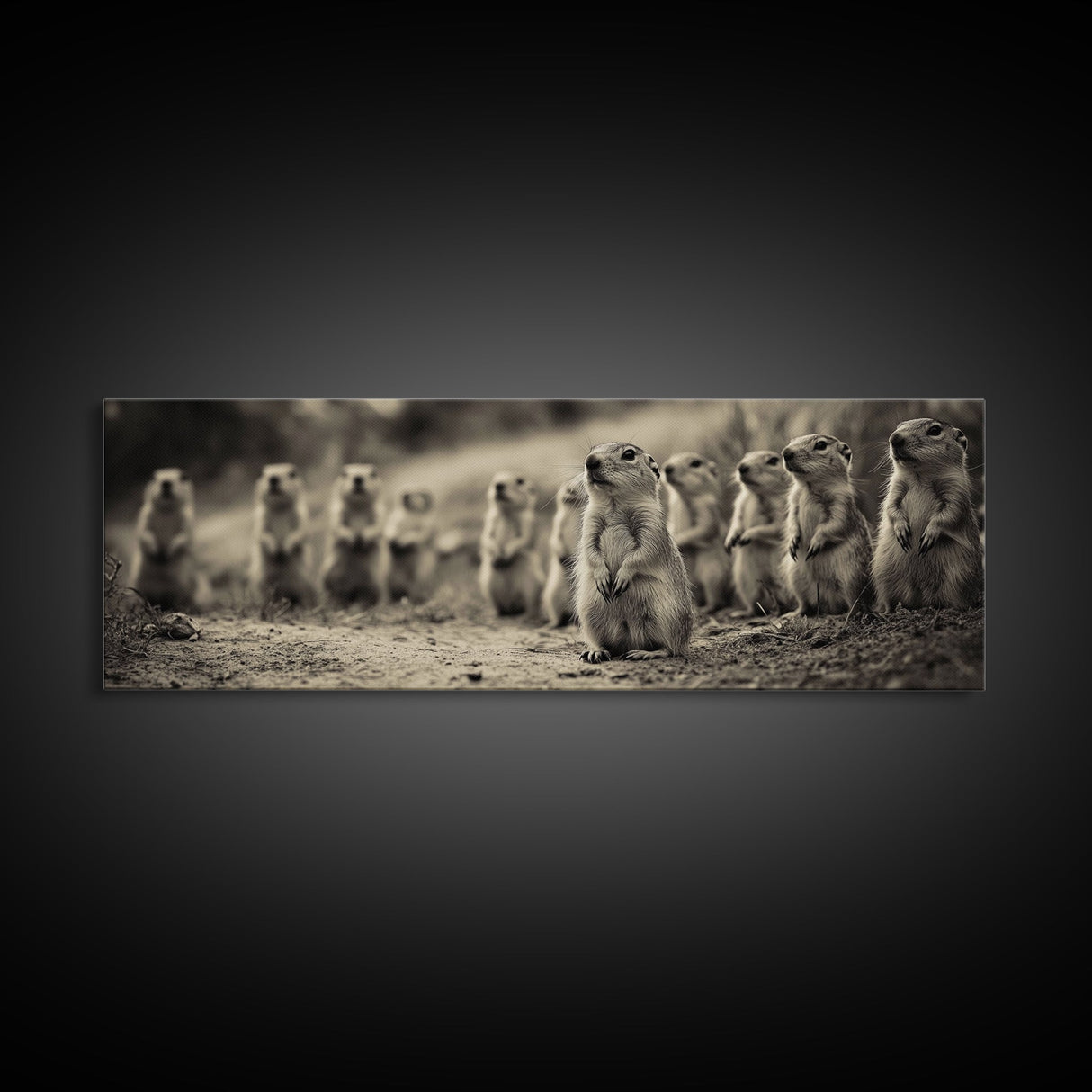 Prairie Dogs, Whimsical Critters, Nature Gathered, Canvas Print, Kids Room Art, Cute Animal Decor, Playful Black and White Art