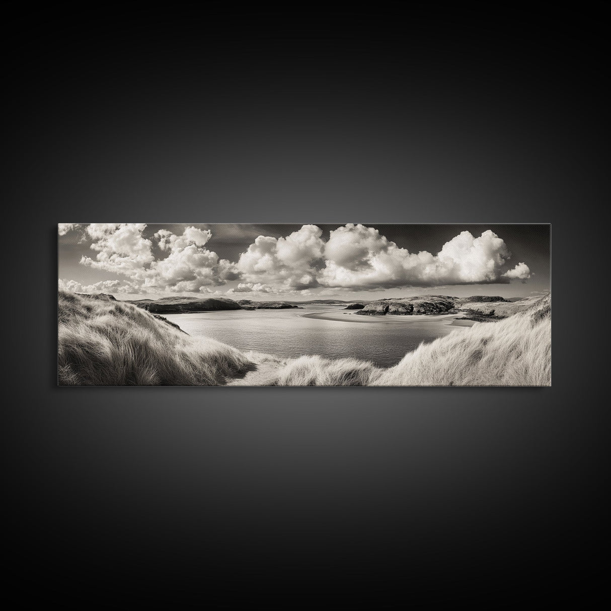 Misty Lake, Peaceful Shore, Cloud Reflections, Canvas Print, Black and White Nature Art, Coastal Landscape, Bedroom Wall Art, Minimalist Decor
