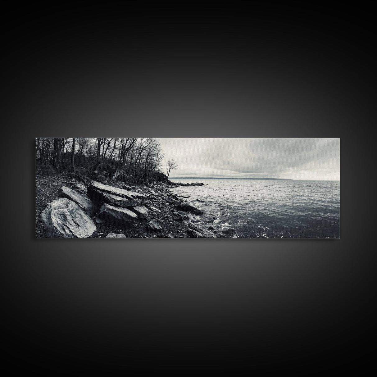 Misty Coast, Rocky Shore, Moody Seascape, Framed Canvas Print, Coastal Wall Art, Nature Photography, Rustic Bedroom Decor, Cabin Style