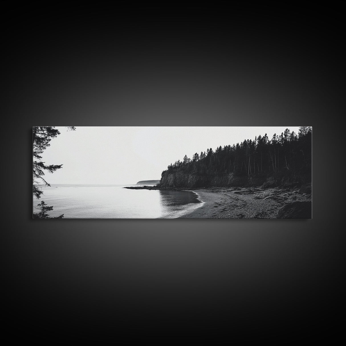 Forest Cliffs, Quiet Bay, Monochrome Coast, Canvas Print, Nature Photography, Modern Rustic Wall Art, Entryway or Office Decor