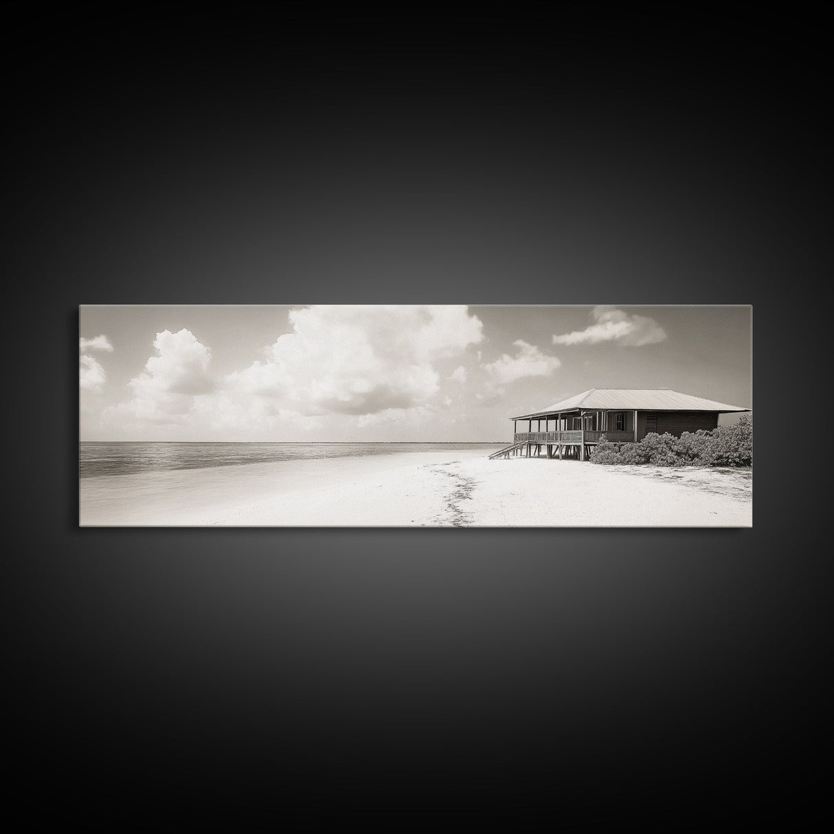Beach House, Secluded Shore, Calm Waters, Framed Canvas Print, Coastal Wall Art, Minimalist Living Room Decor, Vacation Vibes