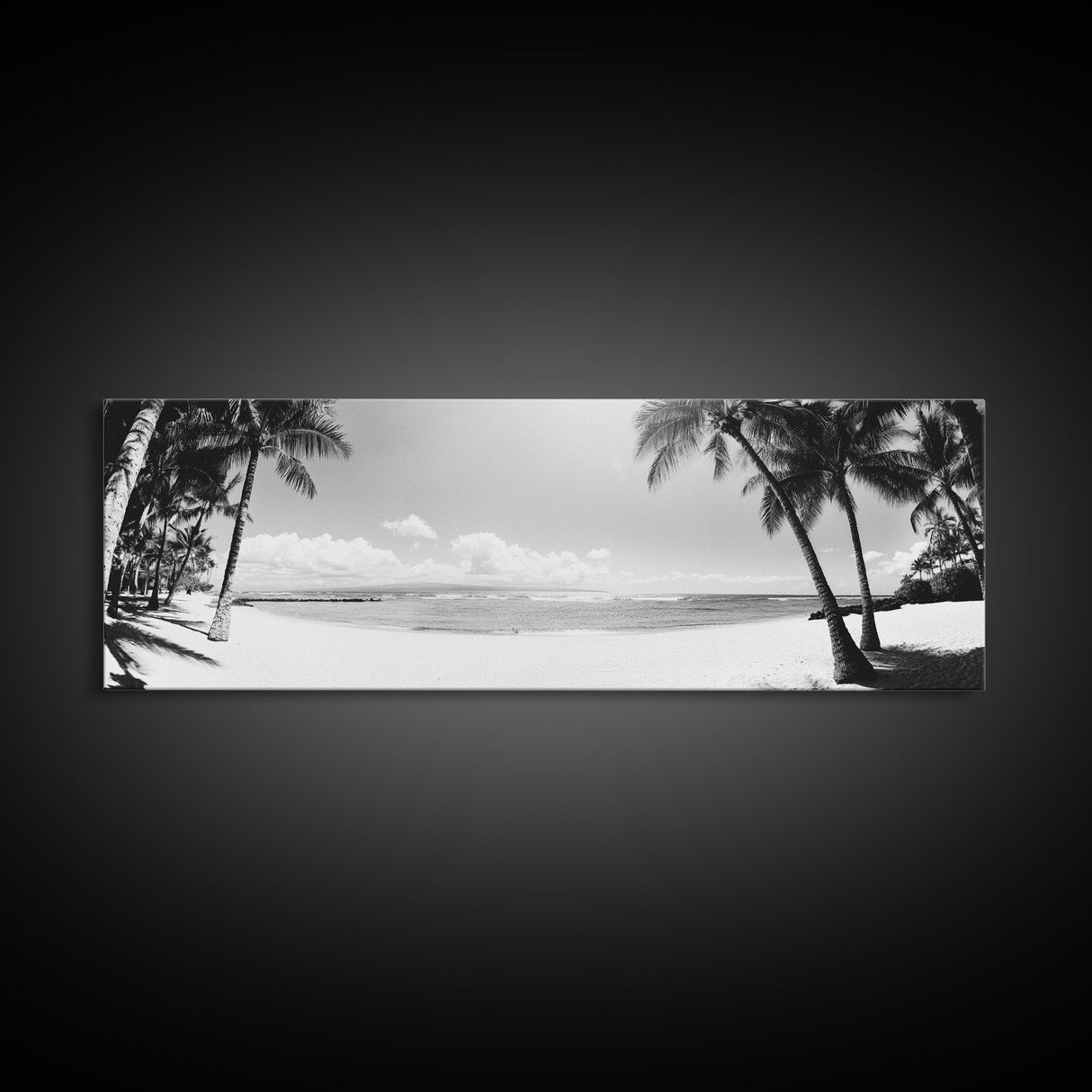 Tropical Beach Scene, Palm Tree Horizon, Ocean Serenity, Island Life, Framed Canvas Print, Coastal Wall Art, Living Room Decor, Minimalist Vibe