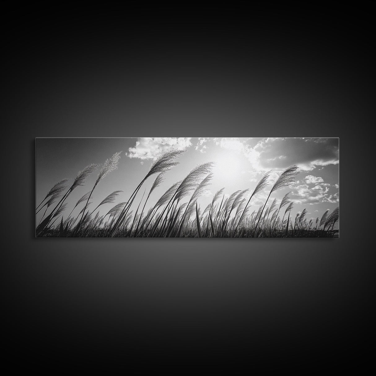 Windy Grass Field, Sunlit Sky, Nature Movement, Prairie Glow, Framed Canvas Print, Fall Wall Art, Living Room Decor, Boho Rustic Aesthetic