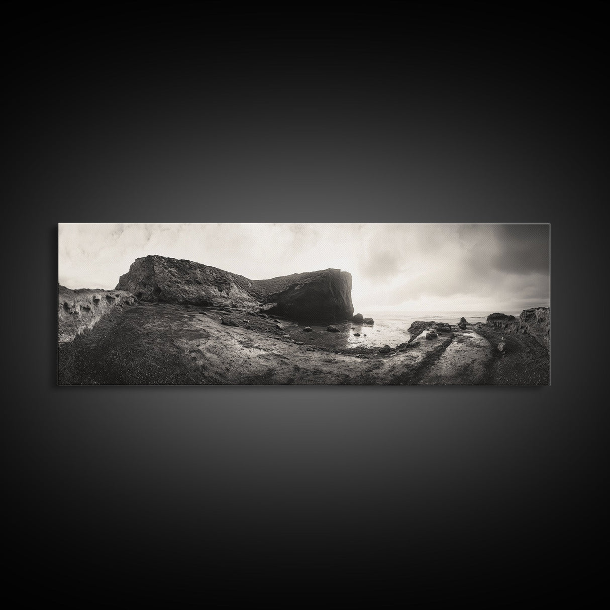 Rocky Coastal Path, Ocean Horizon View, Canvas Print, Neutral Earth Tones, Rustic Wall Art, Beach Landscape Photography, Grunge Nautical Art