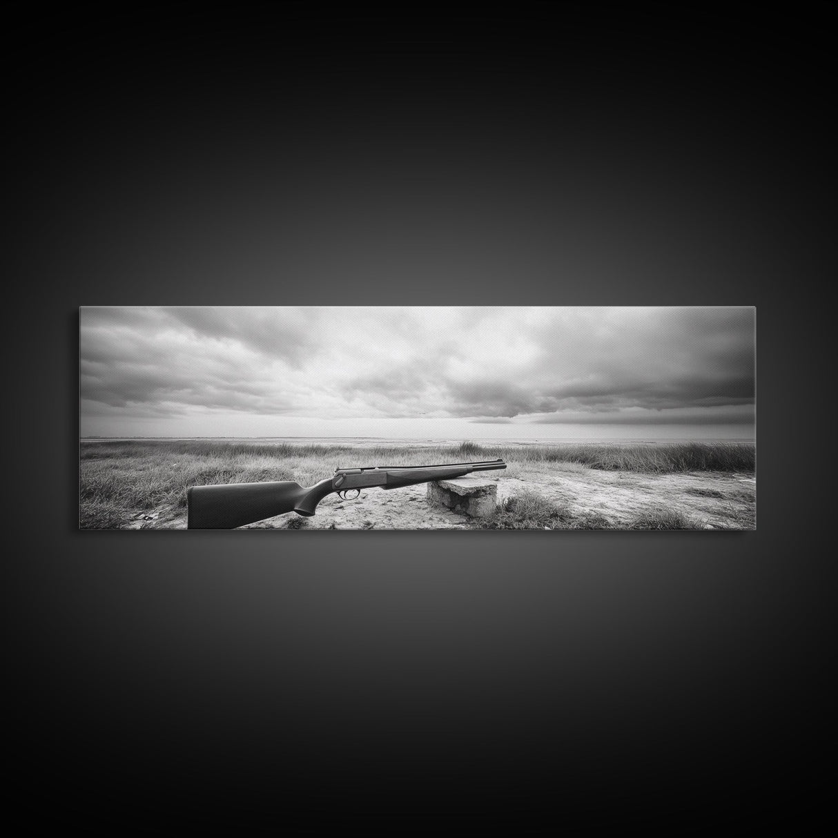 Coastal Rifle Scene, Outdoorsman Decor, Field and Sky Black and White Framed Canvas Print, Autumn Cabin or Lodge Wall Art