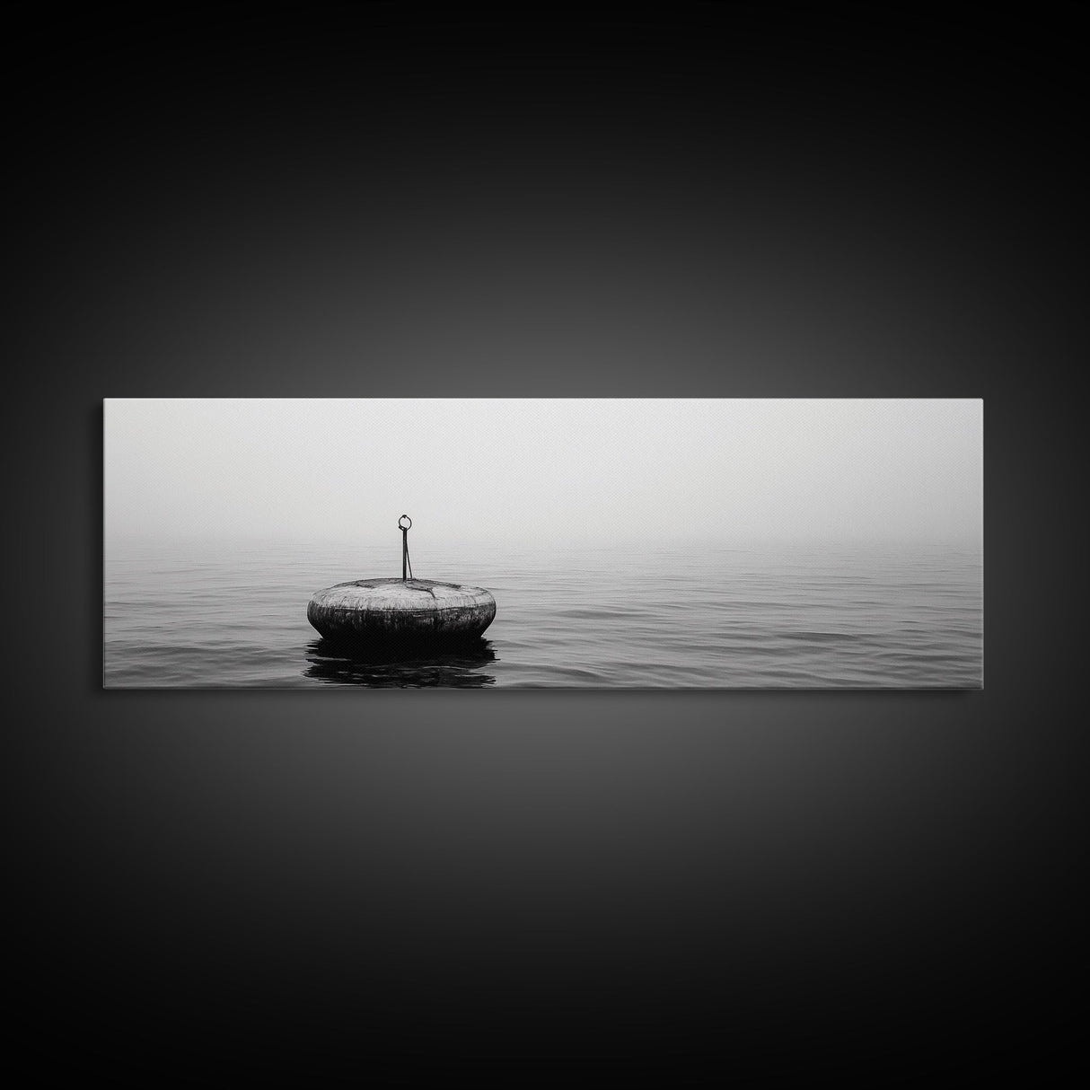 Solitary Sea Buoy, Calm Ocean View, Black White Minimalist, Nautical Canvas Print, Peaceful Coastal Wall Art, Bedroom Decor