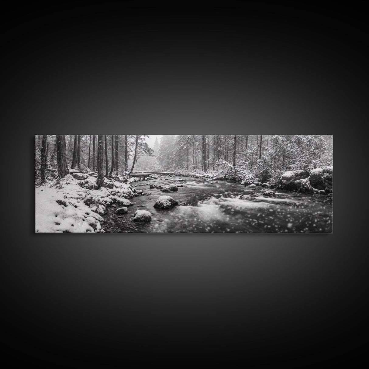 River Stream, Snow Forest, Winter Tranquility, Canvas Print, cozy cabin art, hygge home decor, Christmas wall art, woodland minimalist art