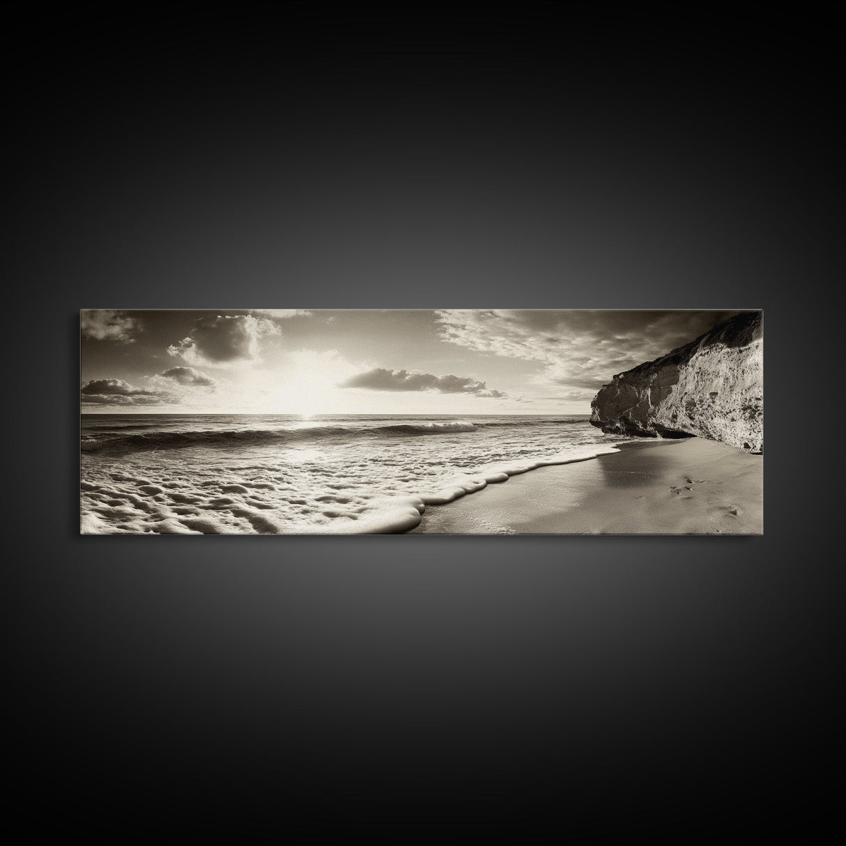 Cliff Coastline, Ocean Sunset, Beach Waves, Framed Canvas Print, seascape wall art, coastal bedroom decor, relaxing nature vibe, neutral art