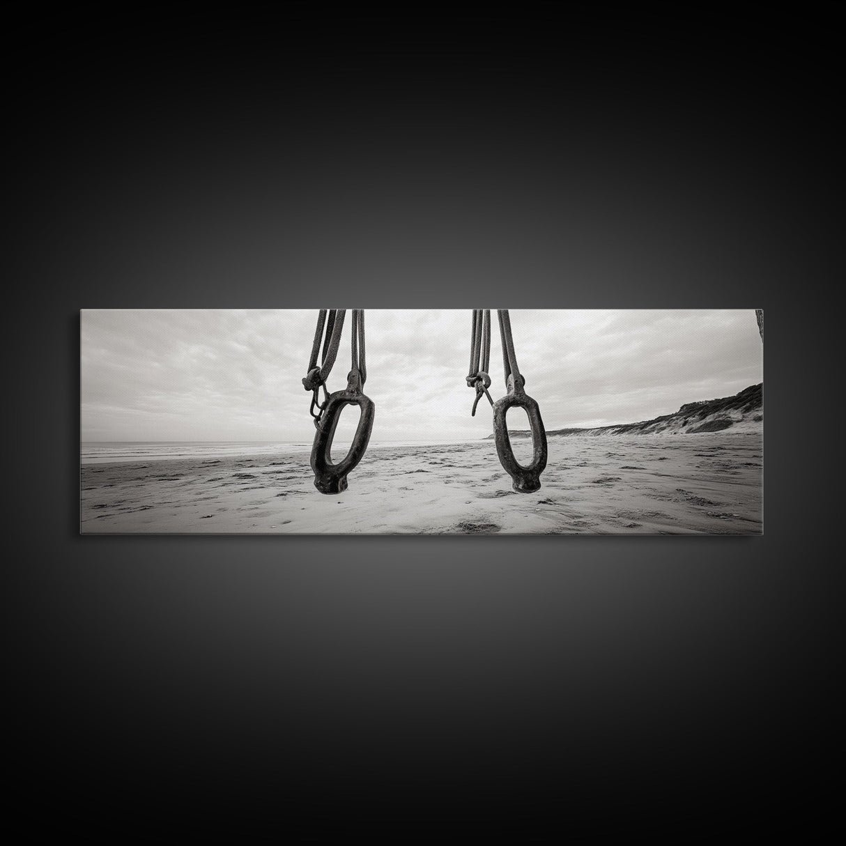Nautical Swing, Beach Ropes, Seaside Minimalism, Canvas Print, black and white beach decor, coastal hallway wall art, maritime rustic style