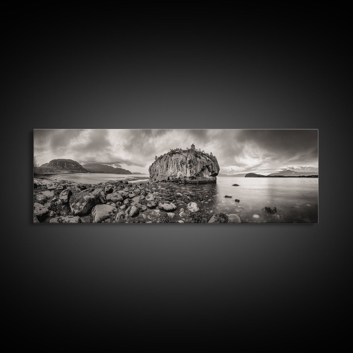 Island Shoreline, Rocky Coast View, Monochrome Nature, Framed Canvas Print, coastal kitchen decor, moody mountain beach wall art