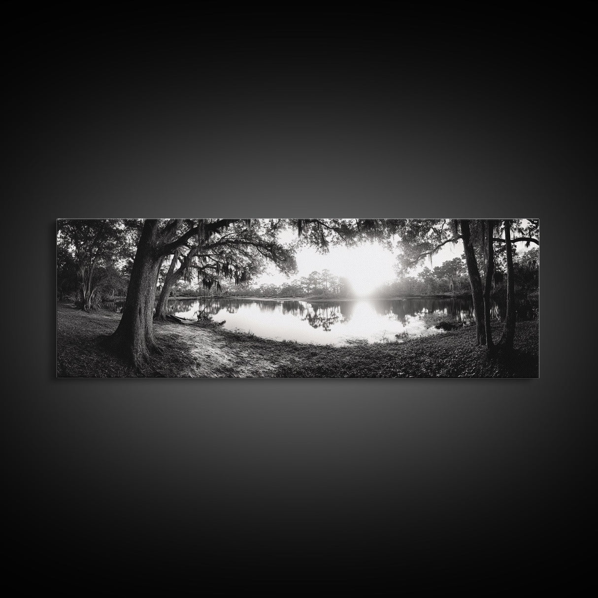 River Sunset, Mossy Trees, Tranquil Reflection, Framed Canvas Print, southern forest wall art, peaceful living room decor, rustic boho vibe