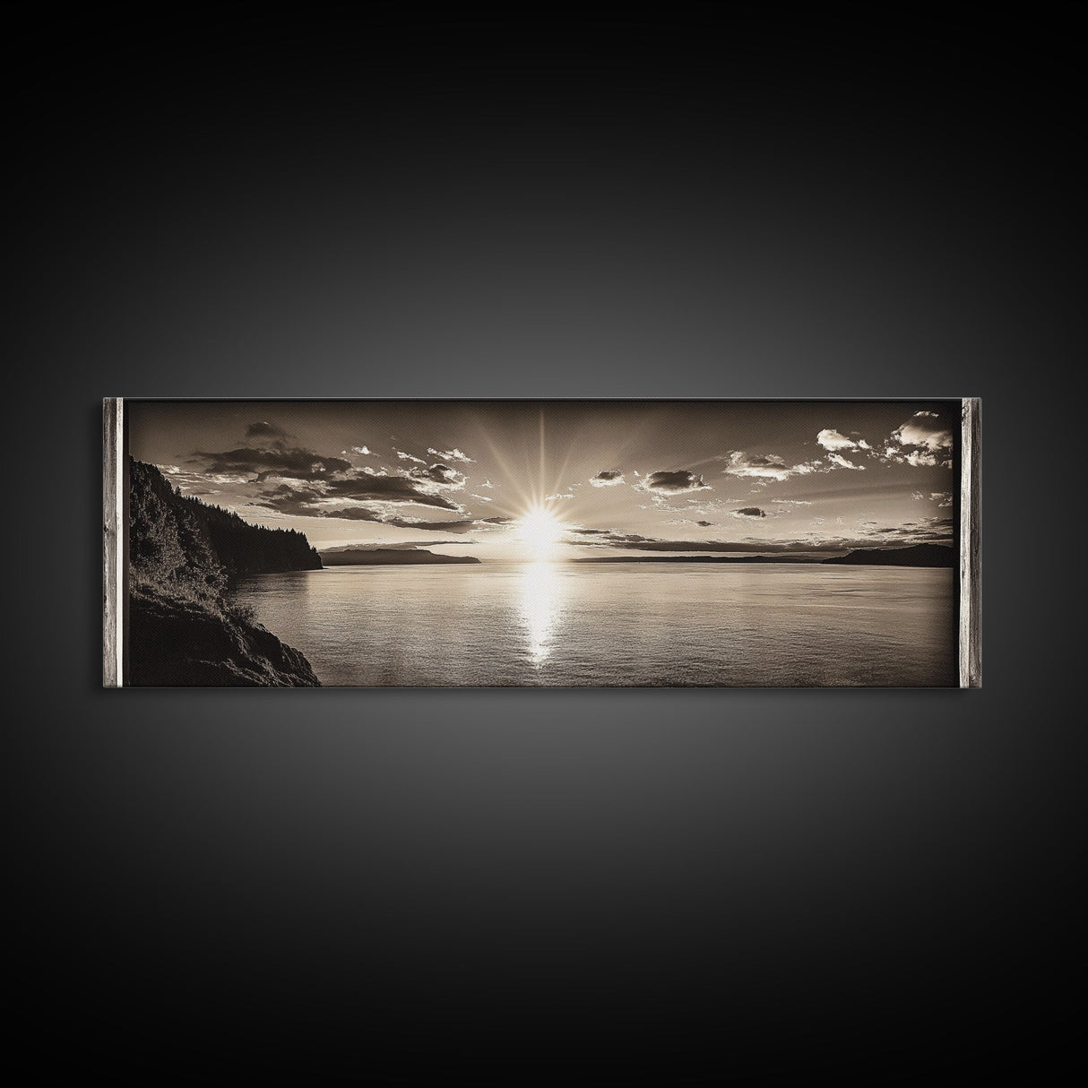 Sepia Horizon, Sunset Lake, Nature Tranquility, Canvas Print, cabin wall decor, warm autumn lake art, peaceful sepia photography