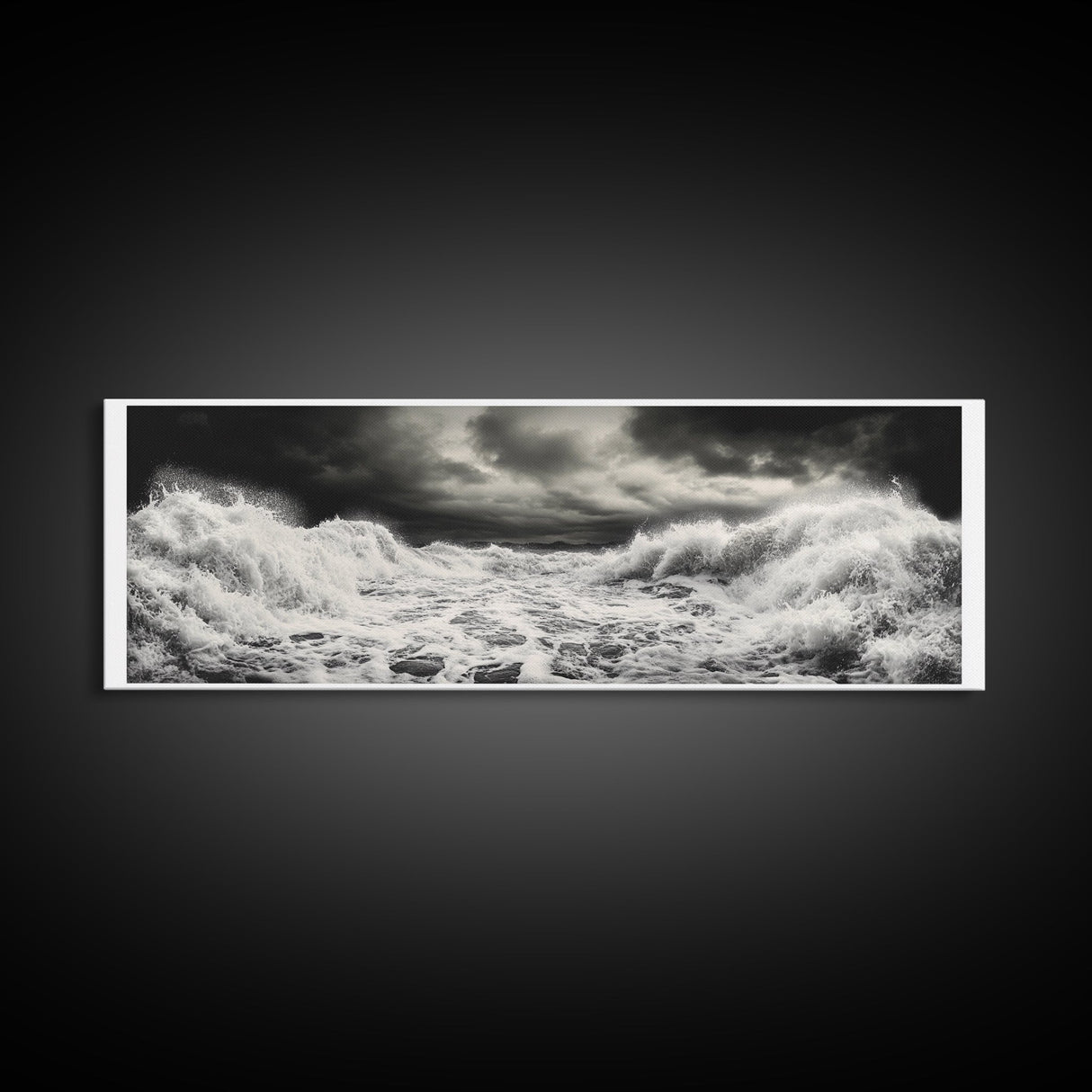 Storm Waves, Moody Sea, Ocean Power, Canvas Print, dramatic bathroom wall art, black and white seascape, coastal energy room decor