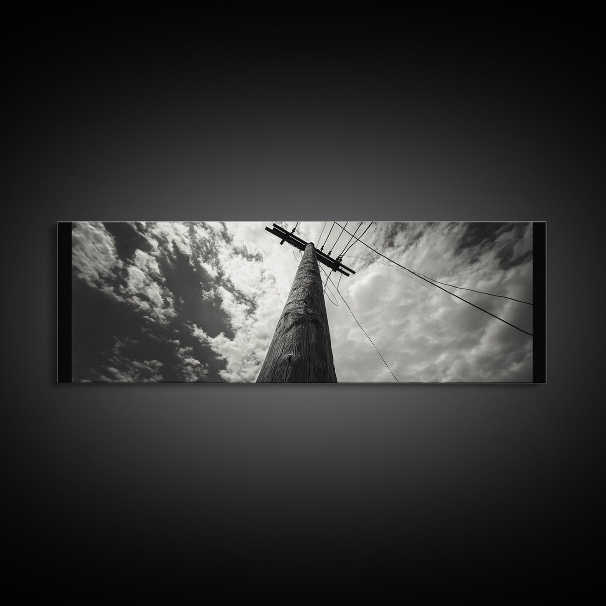 Utility Pole Sky, Urban Minimalism, Power Lines, Framed Canvas Print, Industrial Wall Art, Office Decor, Monochrome Photography